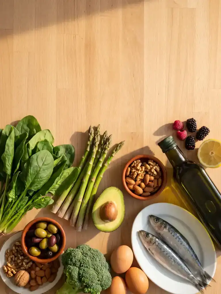 Ingredientes de una dieta keto mediterránea vistos desde arriba: espinacas, espárragos, brócoli, aguacate abierto, huevos, sardinas, aceitunas, frutos secos, frambuesas y aceite de oliva.