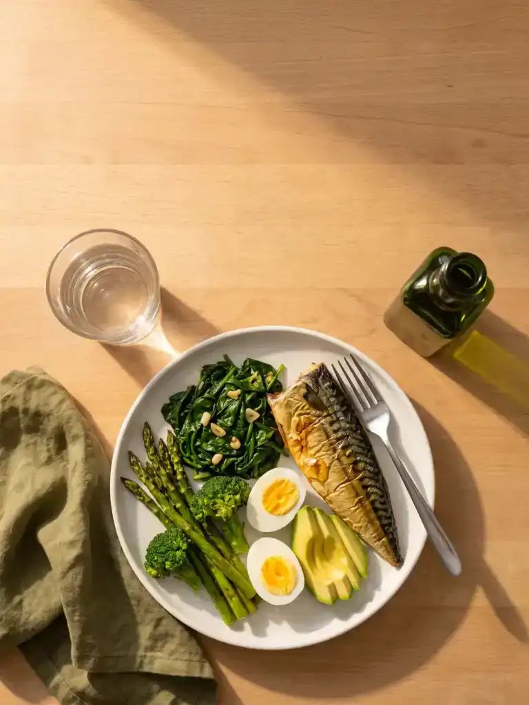 Plato de cerámica blanca visto desde arriba con la mitad de verdura, un cuarto de caballa a la plancha y un cuarto de aguacate y huevo cocido, junto a un vaso de agua.