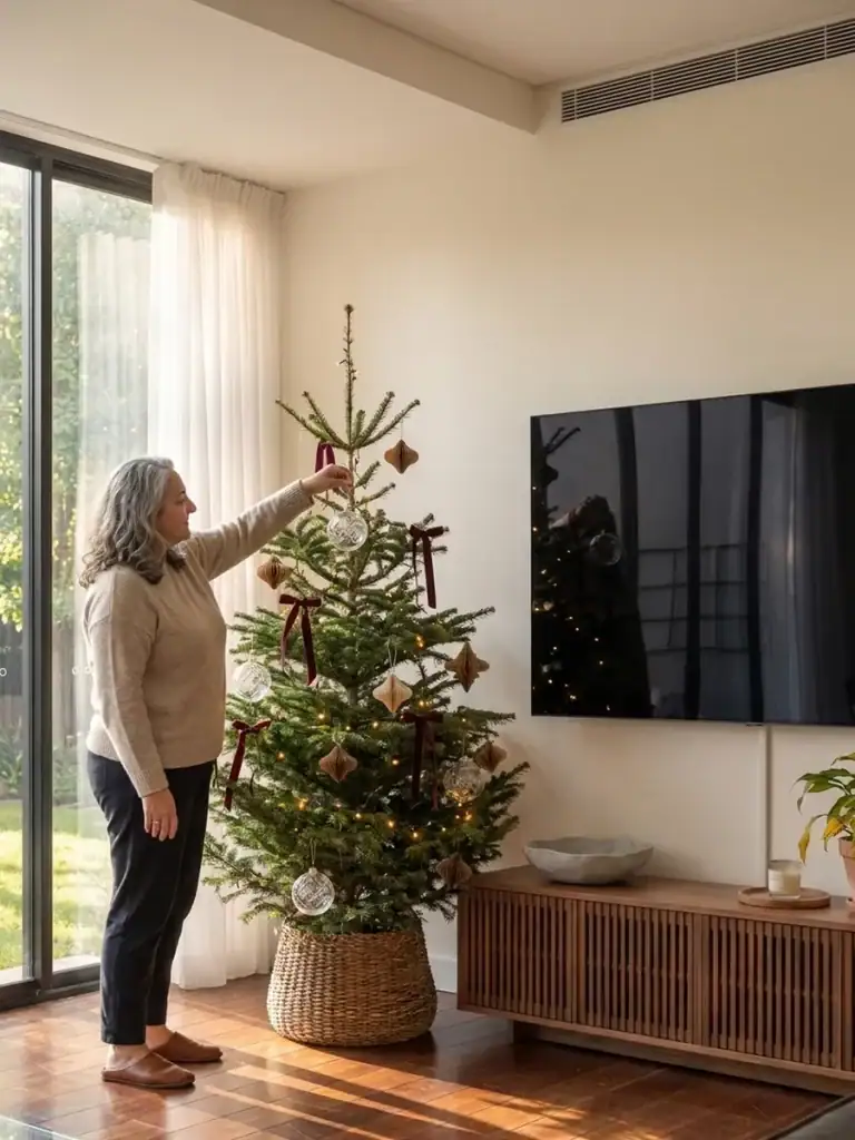 Mujer colgando una bola de cristal en el árbol de Navidad de su salón