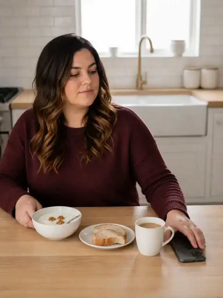 Mujer desayunando yogur con nueces, pan y café con leche en su cocina, con el móvil boca abajo, dieta RAD
