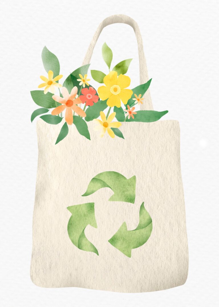 Illustration d'un sac réutilisable écru en tissu avec un symbole de recyclage vert et un bouquet de fleurs printanières colorées (jaunes, oranges, roses) en haut.