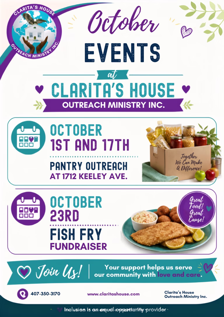 Flyer for October events at Claritas House Outreach Ministry: Pantry outreach on October 1st and 17th; Fish fry fundraiser on October 23rd. Includes images of groceries, a fish meal, and contact information.