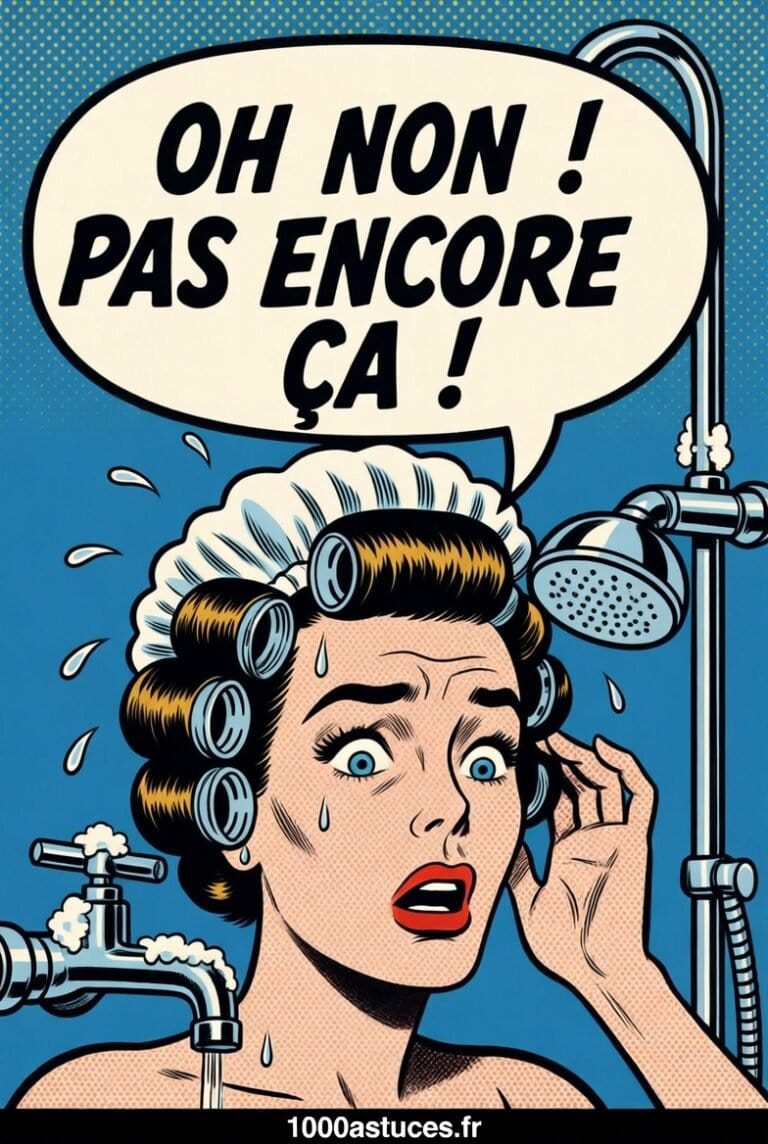 une jeune femme ne peut pas prendre sa douche à cause du calcaire sur le robinet . Illustration pop art
