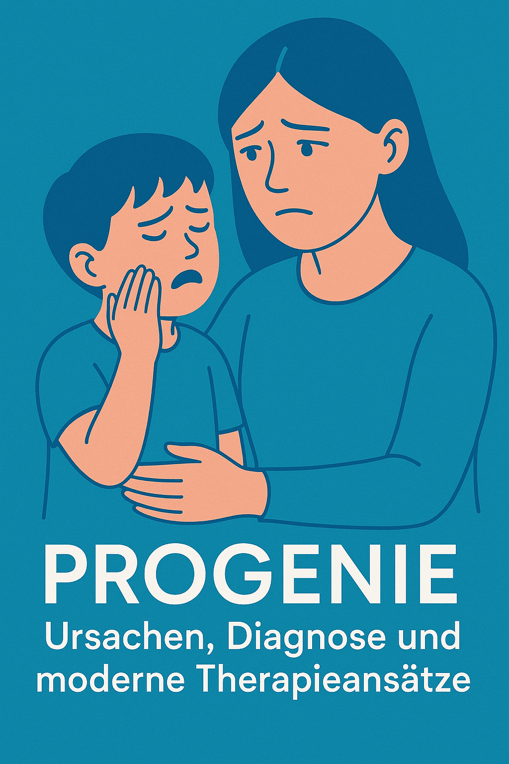 Illustration einer besorgten Mutter mit einem Kind, das sich schmerzhaft die Wange hält – Symbolbild für Progenie (frontaler Kreuzbiss) bei Kindern
