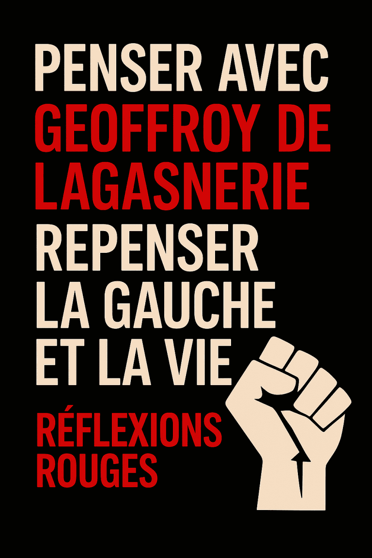 Affiche au style militant noir, beige et rouge avec un poing levé, et le texte « Penser avec Geoffroy de Lagasnerie : repenser la gauche et la vie – Réflexions Rouges ». Design inspiré des affiches politiques et engagées, symbolisant la pensée critique et la gauche radicale.