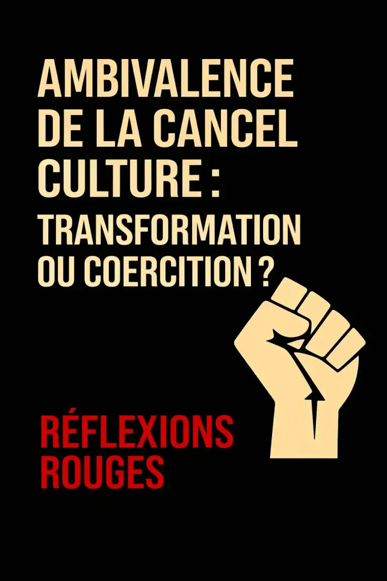 Illustration typographique sur fond noir avec le texte « Ambivalence de la cancel culture : transformation ou coercition ? », un poing levé stylisé et la signature Réflexions Rouges en rouge.