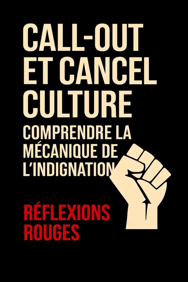 Affiche éditoriale “Call-out et cancel culture” avec typographie beige sur fond noir et poing levé, identité visuelle Réflexions Engagées.