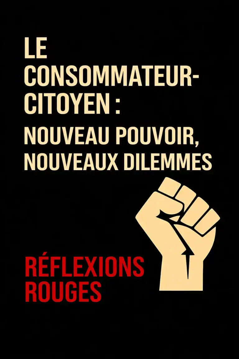 Illustration typographique sur fond noir avec le texte « Le consommateur-citoyen : nouveau pouvoir, nouveaux dilemmes », un poing levé stylisé et la signature Réflexions Rouges en rouge.