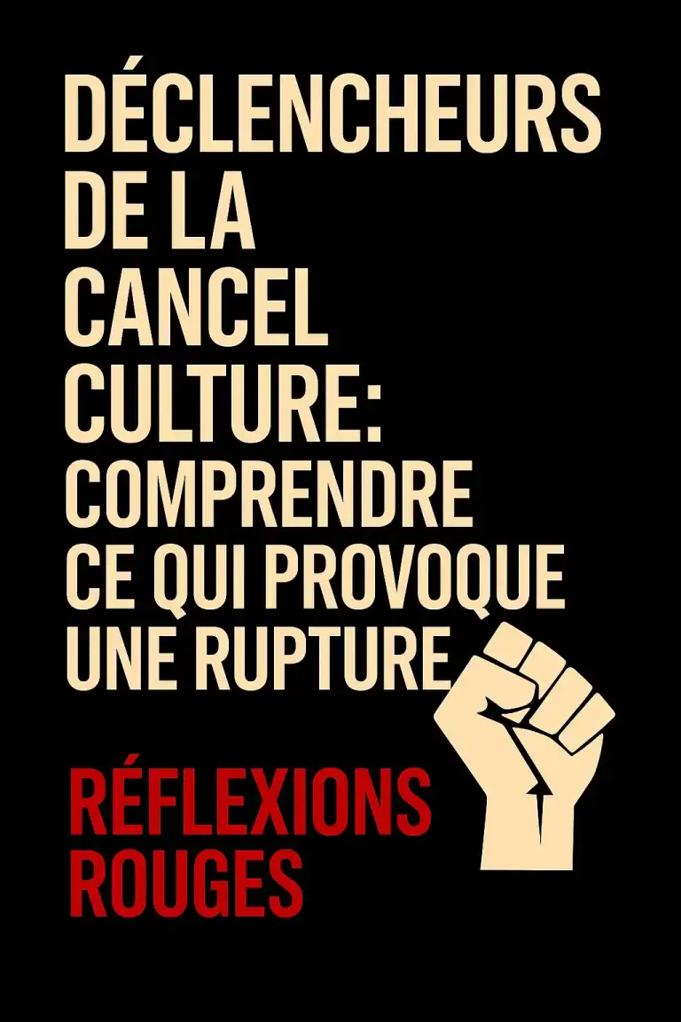 Image de couverture de l’article “Déclencheurs de la cancel culture : comprendre ce qui provoque une rupture”, avec typographie beige sur fond noir et symbole de poing levé, style Réflexions Engagées.