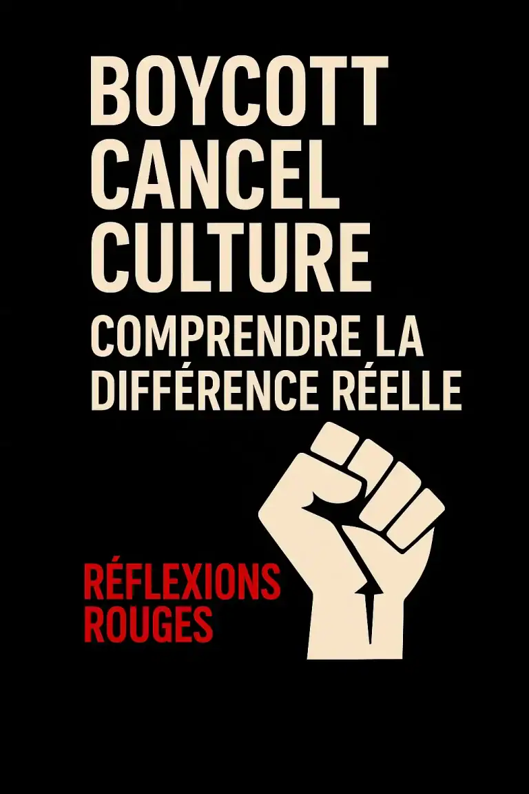 Affiche noir et rouge avec le titre “Boycott et cancel culture : comprendre la différence réelle” et un poing levé, dans le style graphique de Réflexions Engagées.
