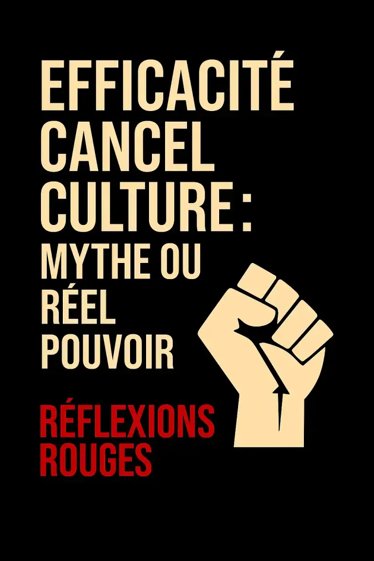 Image de couverture de l’article “Efficacité cancel culture : mythe ou réel pouvoir”, typographie beige sur fond noir, poing levé stylisé et signature Réflexions Rouges en rouge.