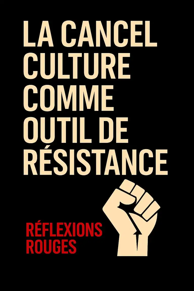Affiche noire avec le texte “La cancel culture comme outil de résistance” et un poing levé, dans le style graphique Réflexions Engagées