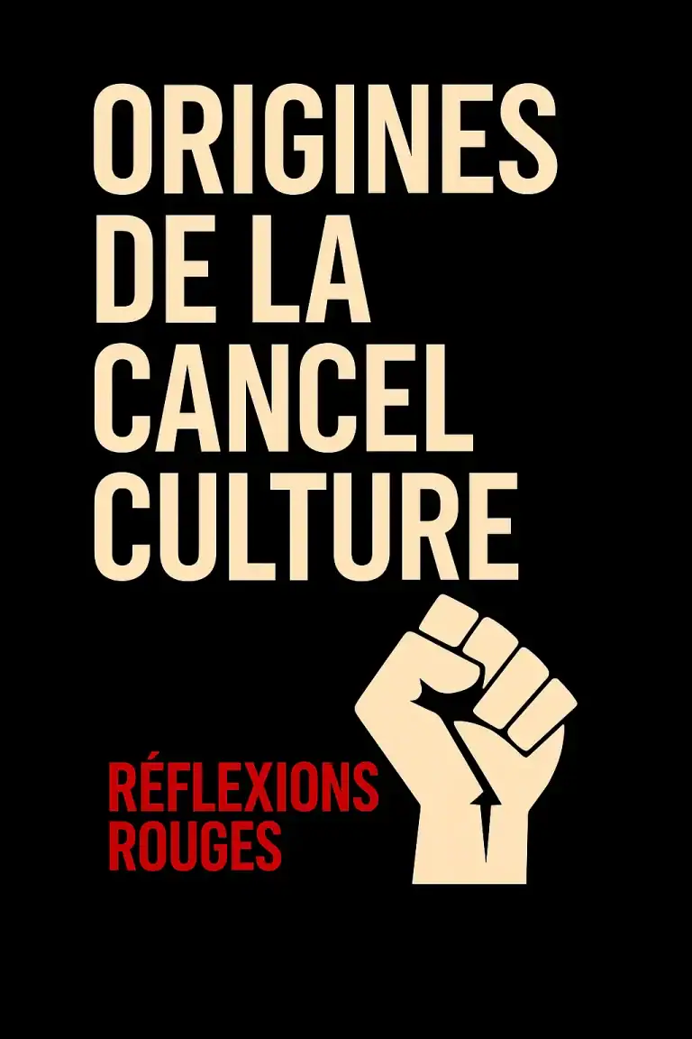 Couverture stylisée “Origines de la cancel culture” avec poing levé sur fond noir — Réflexions ENgagées