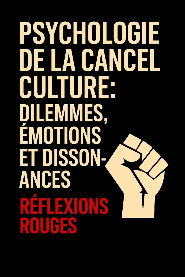 Couverture stylisée “Psychologie de la cancel culture : dilemmes, émotions et dissonances”, avec typographie beige sur fond noir et un poing levé emblématique du style Réflexions Engagées.