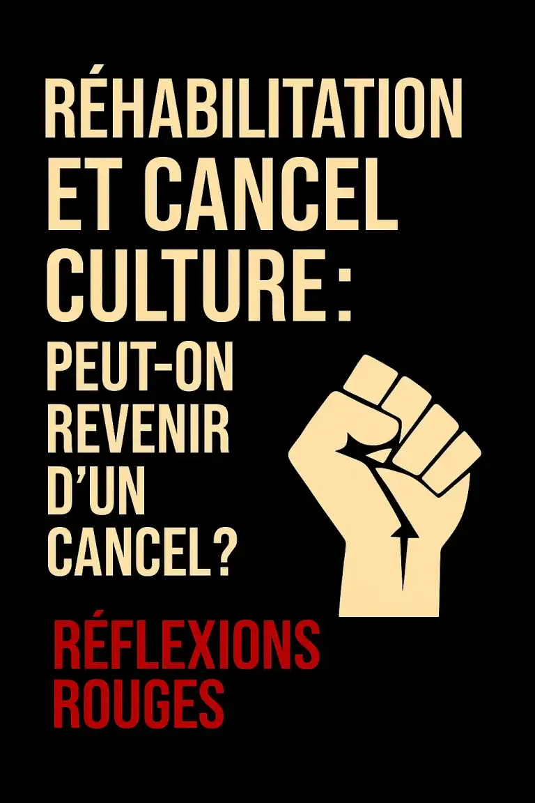 Illustration typographique sur fond noir avec le texte « Réhabilitation et cancel culture : peut-on revenir d’un cancel ? », un poing levé et la signature Réflexions Rouges.