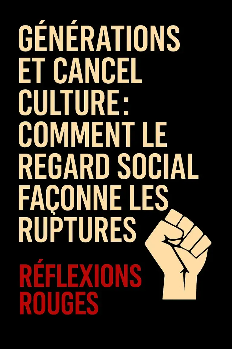 Image de couverture de l’article “Générations et cancel culture : comment le regard social façonne les ruptures”, avec typographie beige sur fond noir et poing levé stylisé, style Réflexions Engagées.