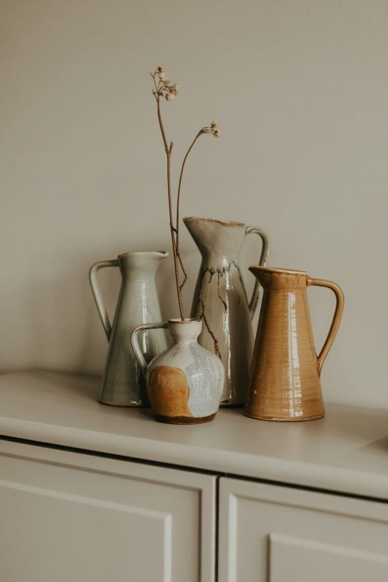 Assorted ceramic vases on top of kitchen cabinets for decor