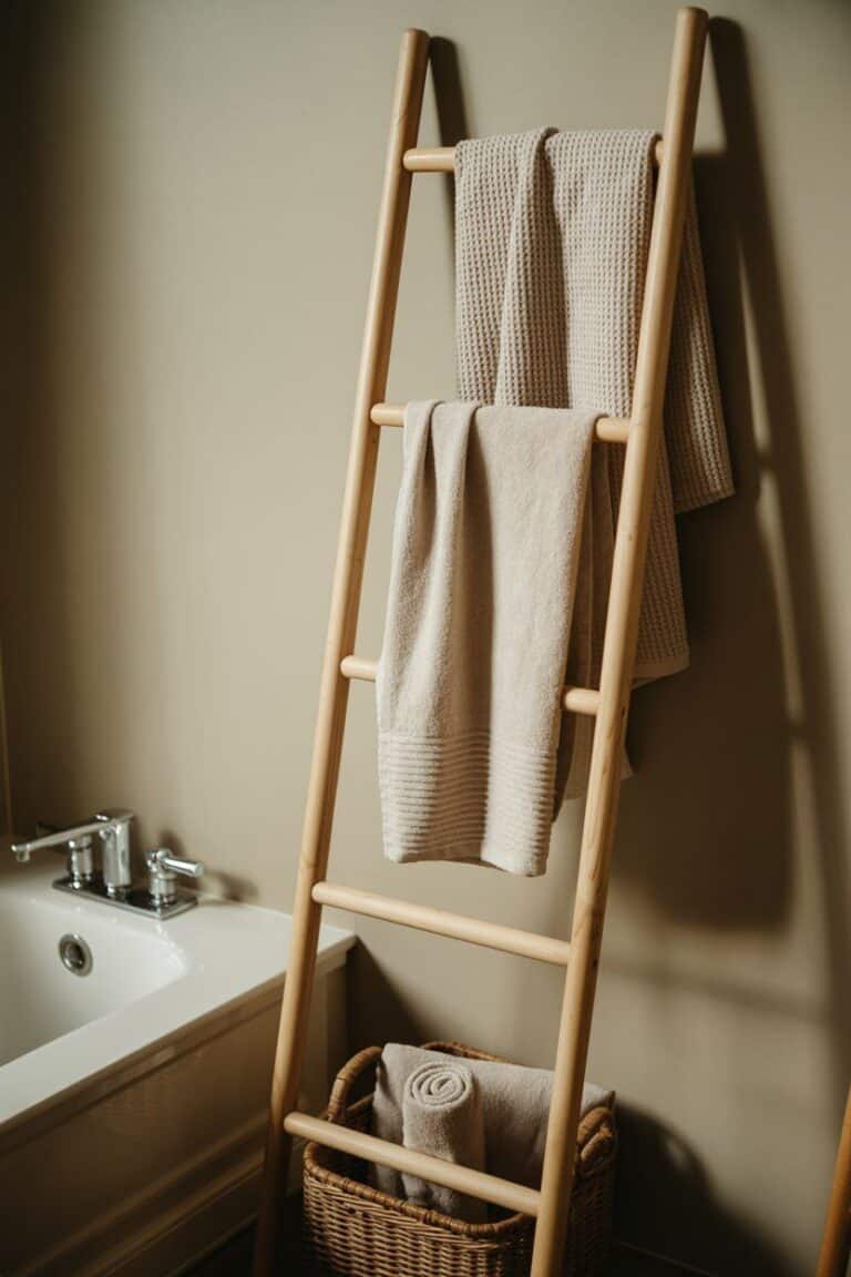 Wooden towel rack with beige towels in a bathroom, a great towel rack bathroom idea