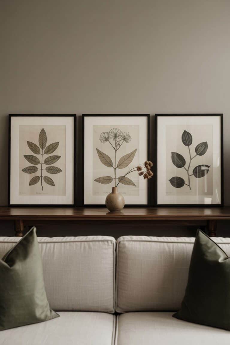 Botanical prints gallery wall above couch decor ideas with framed leaf illustrations and vase