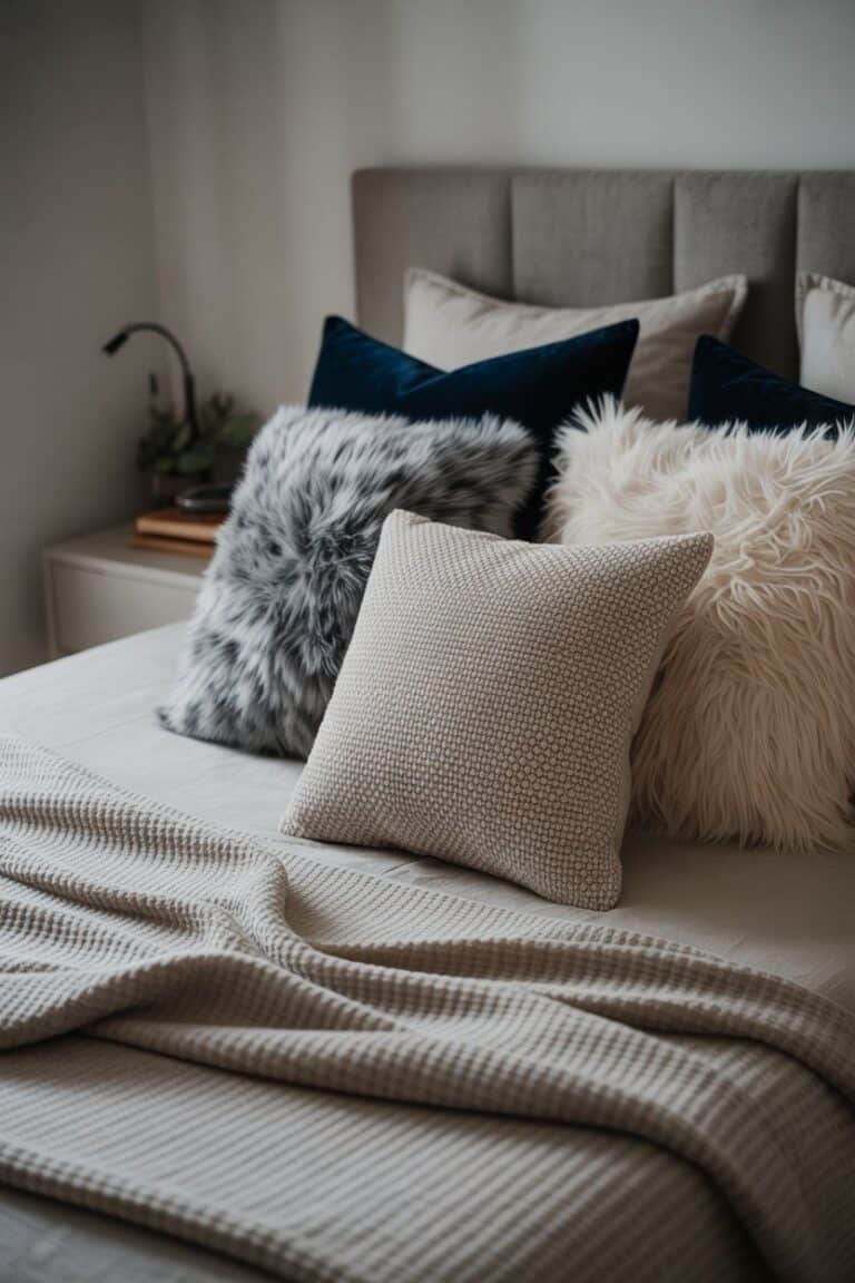 Cozy winter bedroom decor: plush pillows and textured throw blanket on a bed.