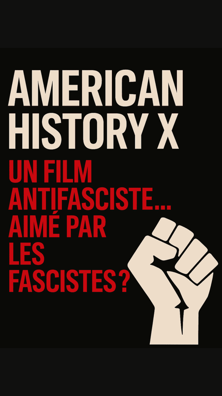 Affiche symbolique rouge et noire représentant un poing levé, inspirée du film American History X. L’image illustre le conflit entre haine et rédemption, thème central de l’article sur la récupération fasciste des œuvres antifascistes.