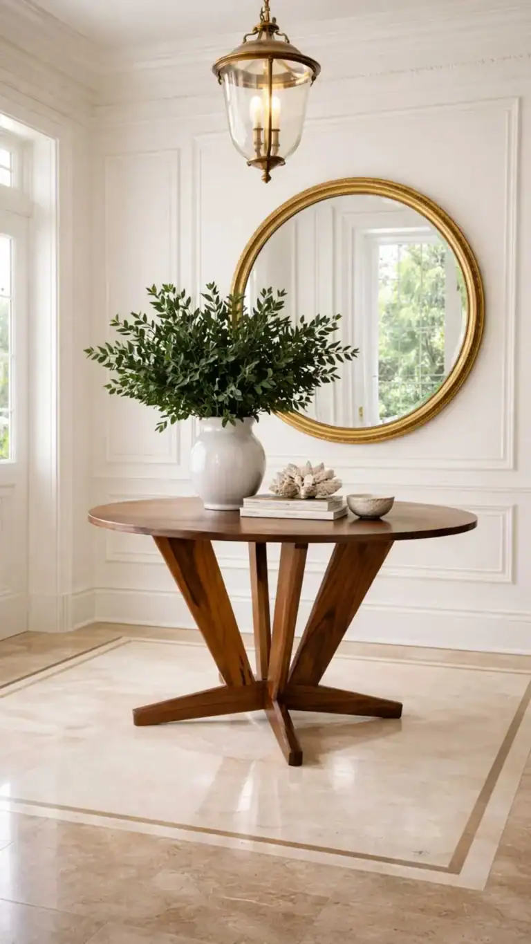 Intersection Round Dining Table. Made from Black Walnut with it’s straight lines and angles give it a dynamic solid look for the base. Versatile enough for use as a foyer round or bar table. Custom made timber furniture. Custom made furniture and furniture maker. Set in a home in Turramurra in the front hall.