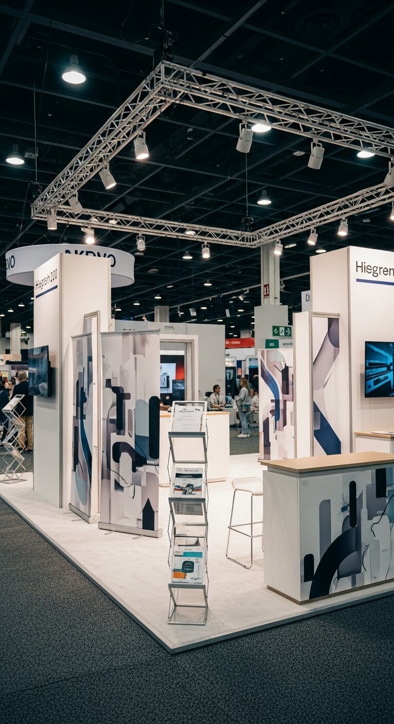 Moderner Messestand mit modularen Werbetechnik-Elementen für professionelle Markenpräsentation auf Events