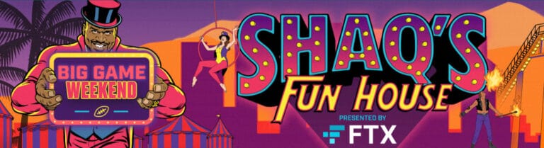 Shaq's Fun House banner with carnival rides and entertainment elements.