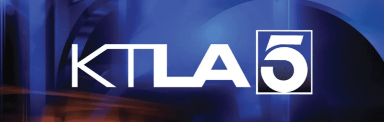 Logo of KTLA 5, a major Los Angeles news station, displayed on a screen with vibrant blue and purple.
