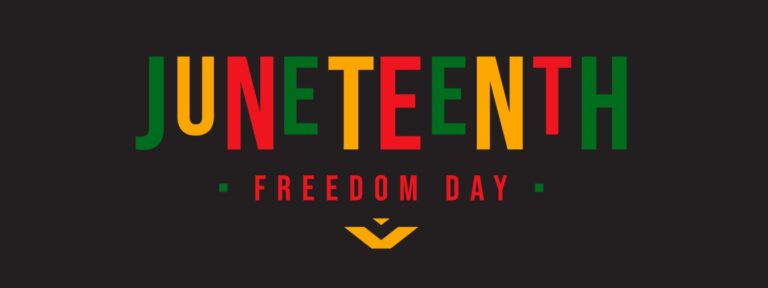 JUNETEENTH FREEDOM DAY text in colorful letters on a black background