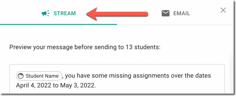 Stream tab with arrow pointing to it. Share Missing Assignments from Google Classroom