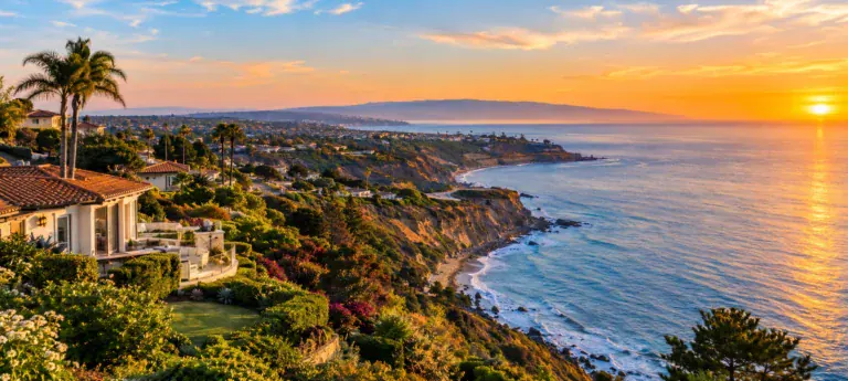 Palos Verdes Estates luxury homes overlooking the Pacific Ocean at sunset