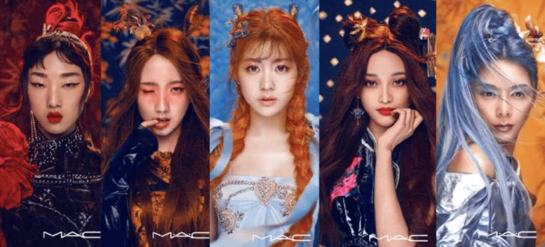 In a partnership with MAC, Honor of Kings combined the brand’s makeup products with the visual aesthetic of in-game characters Promotional visuals showing Chinese celebrities styled as Honor of King characters and wearing makeup by MAC