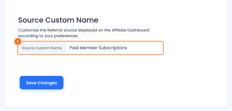 Source Custom Name option of Paid Member Subscriptions Tracking in Ultimate Affiliate Pro, set to Paid Member Subscriptions, with the Save Changes button