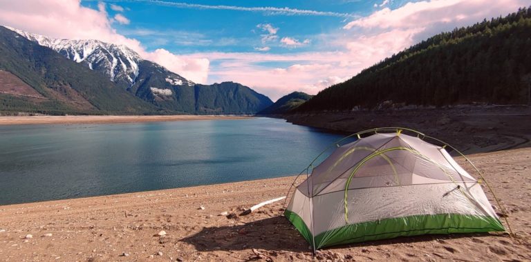 tent on the beach at Duncan lake
