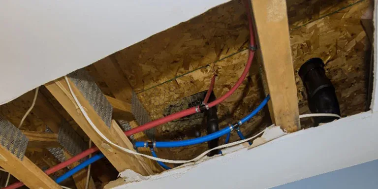repiping - What Does Home Repiping Involve? - hole in ceiling showing two pipes