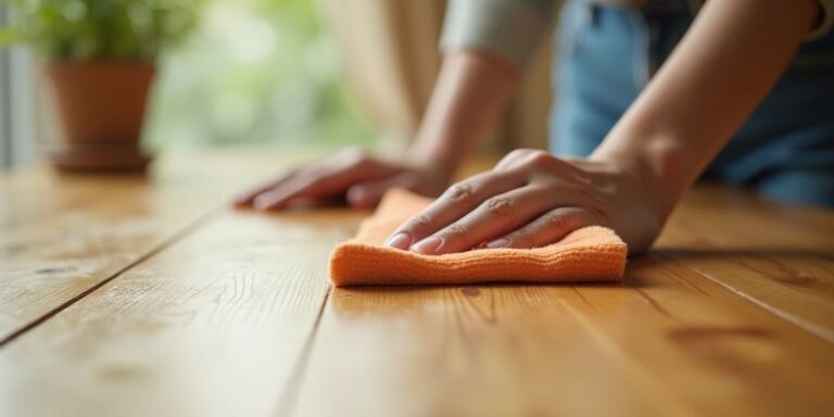 Person reinigt Holzoberfläche mit einem Tuch.