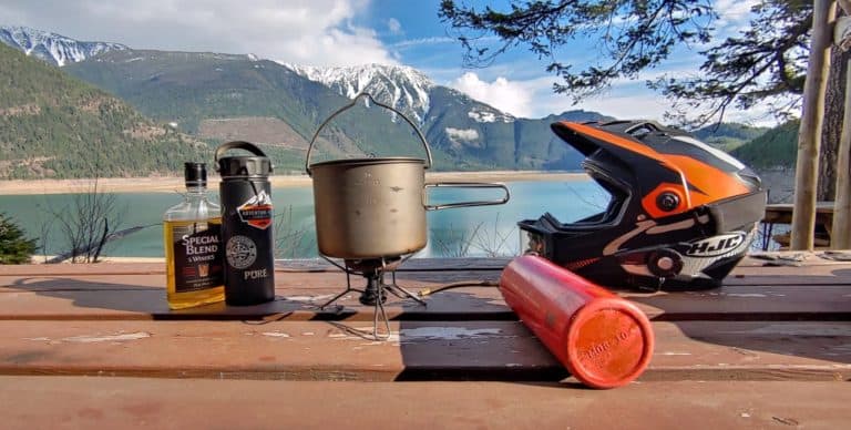 camping setup on picnic table at Duncan Lake