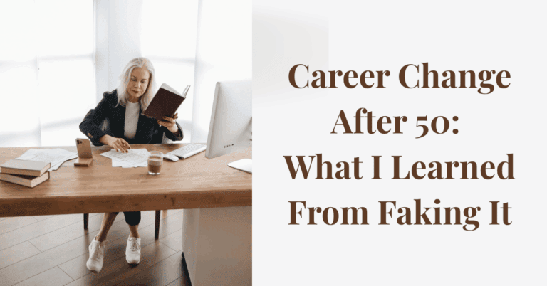 Woman choosing a career change after 50, studying at home with coffee