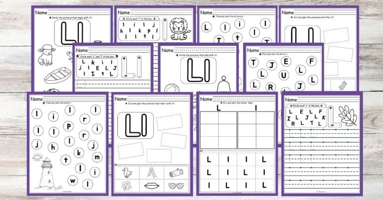 Letter L worksheets with purple backings