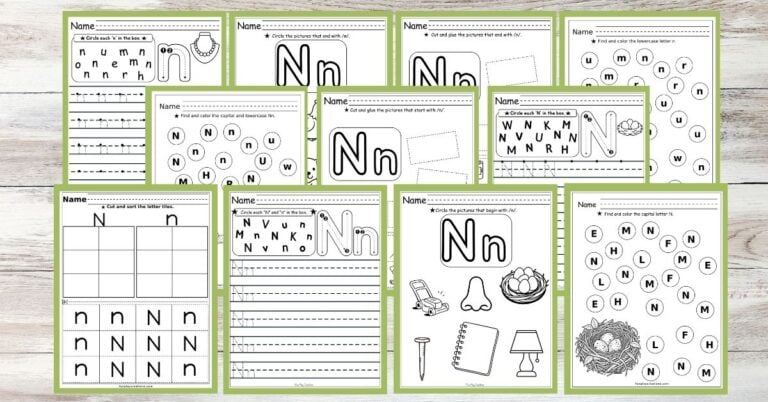 letter n worksheets with green backgrounds