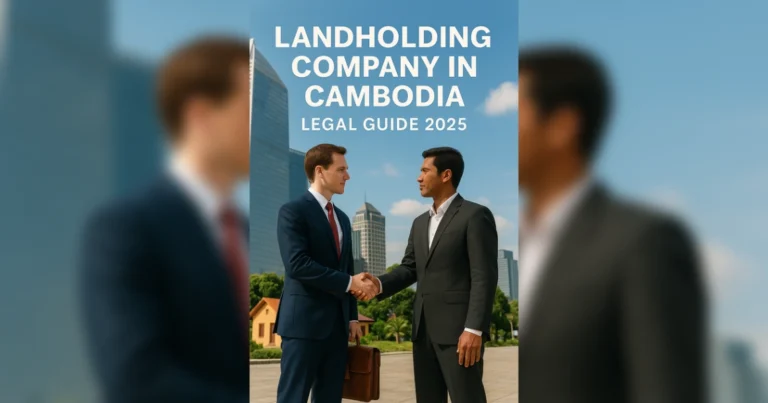 Illustration of a foreign investor and Cambodian partner shaking hands with overlay text: “Landholding Company in Cambodia – Legal Guide 2025”