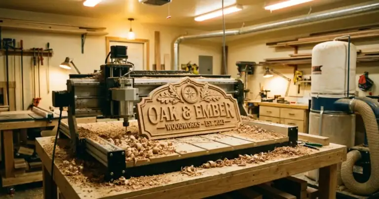 CNC Fräse für Holz in einer Werkstatt beim Fräsen eines Holzschildes