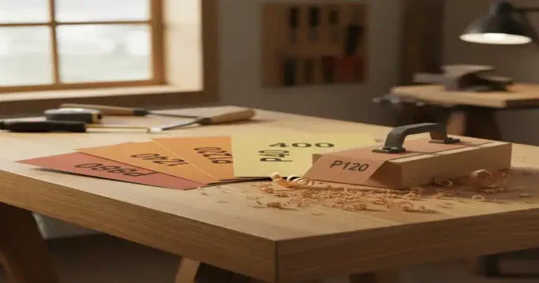 Verschiedene Schleifpapier-Körnungen auf einer Holzwerkbank – von grob bis fein für perfekte Holzoberflächen