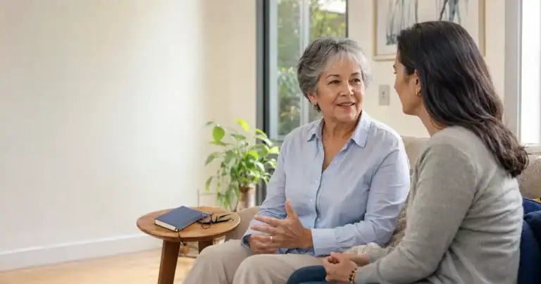 Persona mayor conversa con un familiar sobre cambios de memoria