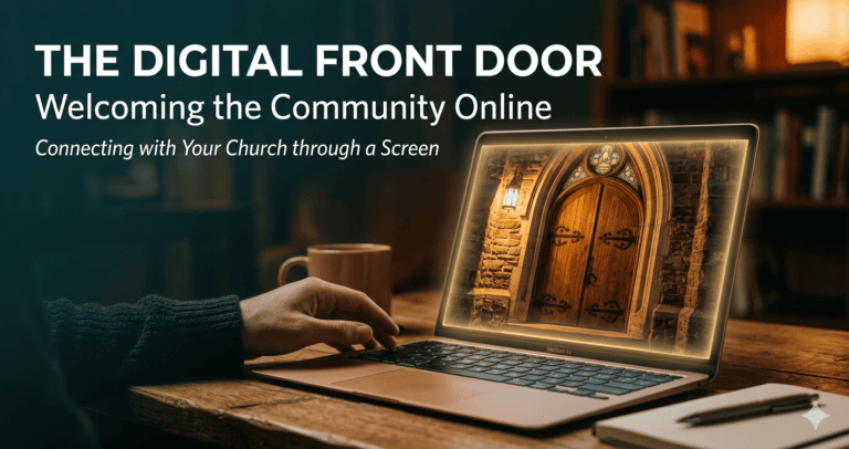 A laptop displaying a church door on its screen in a cozy indoor setting with a mug nearby. Transcribed Text: THE DIGITAL FRONT DOOR Welcoming the Community Online Connecting with Your Church through a Screen