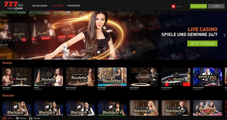 Die Live-Casino Seite des Casinos casino777.ch
