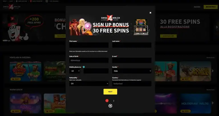Das Sign Up Fenster des Casinos swiss4win.ch