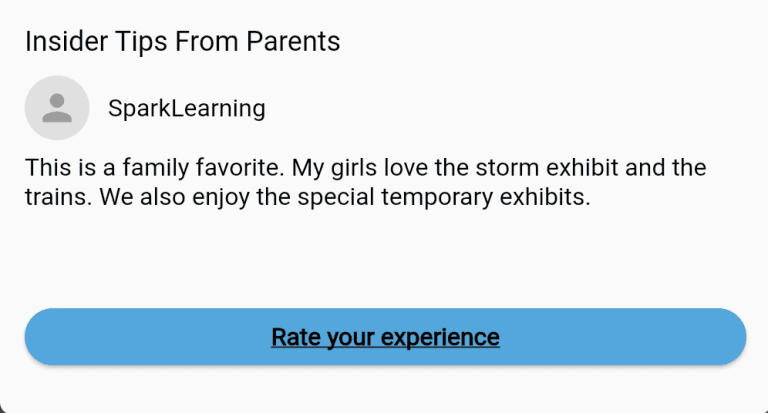 Parent review in GoWhee app describing a family favorite museum with storm exhibit, train displays, and temporary exhibits loved by kids.