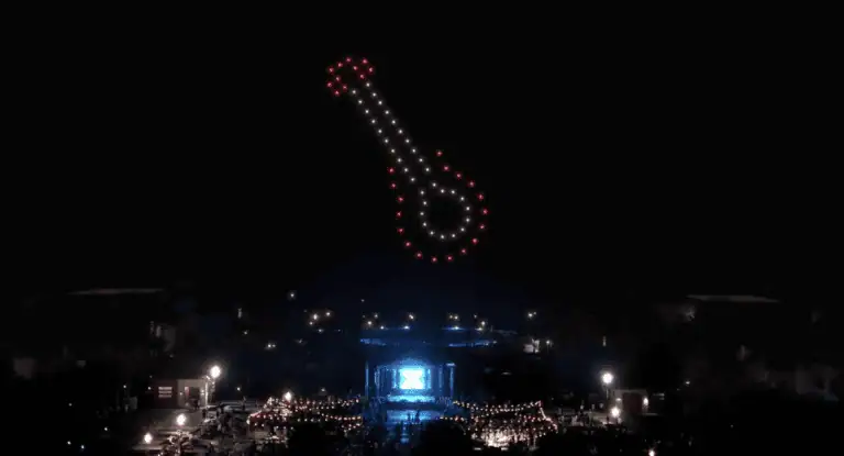 Colorful guitar lighting up the night sky with 70 lit drones over the Hard Rock Hotel in Punta Cana, Dominican Republic